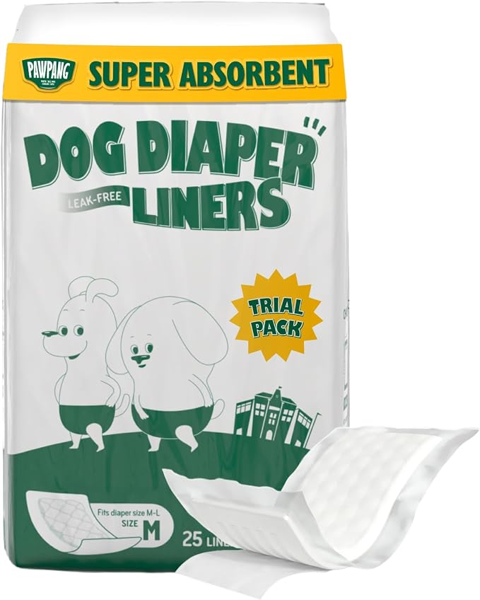 PAWPANG Disposable Dog Diaper Liners l Trial Pack (25 Count), Absorbent Inserts with Odor Control for Reusable Dog Diapers & Belly Bands (Medium)