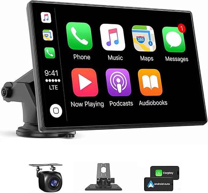 Carplay Screen for Car, 7" HD Wireless Apple CarPlay & Android Auto, Portable Car Stereo Touchscreen with Bluetooth, Mirror Link, Voice Control, Backup Camera, GPS Navigation, AUX, Fits All Vehicles
