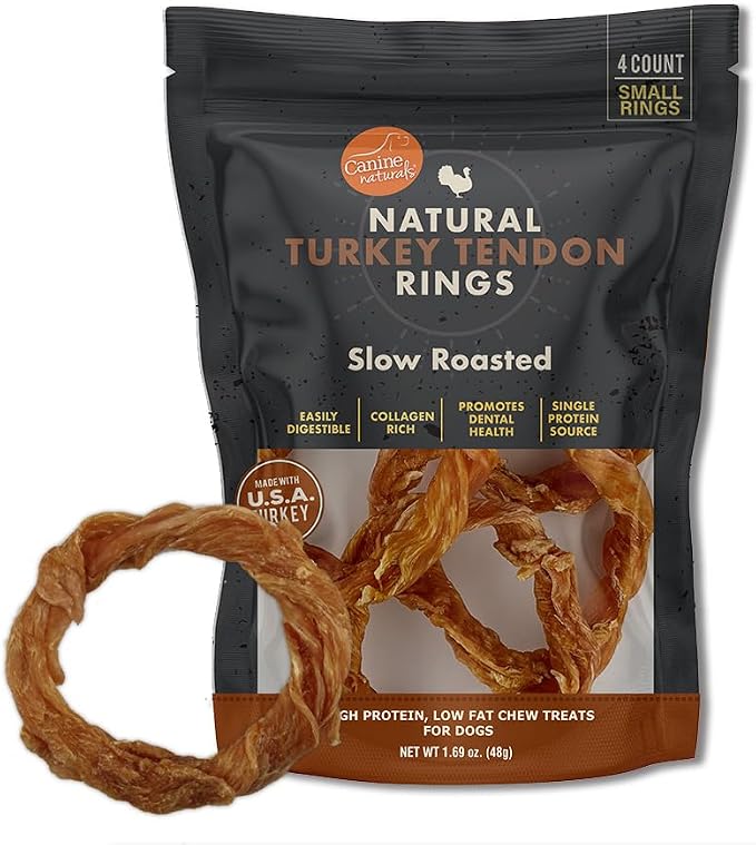 Turkey Tendon Rings for Dogs - Rawhide-Free, Natural Dog Chews - USA-Sourced, Slow-Roasted, Single Protein for Sensitive Stomachs & Chicken Allergies -, 4 Count
