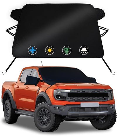 Windshield Snow Cover Fit for Ford Ranger 2021-2026, Waterproof 2-Layer Oxford Fabric Windshield Cover with S-Hook Elastic Straps Car Frost Protector with Side Mirror, Winter Frost Hail Protector