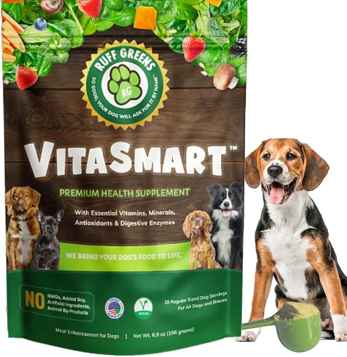 Dog Food Topper for Dogs – VitaSmart Powder with 25 Vitamins & Minerals, 15 Probiotics & 20 Digestive Enzymes – Gut, Immune, Skin & Mobility Support – All Breeds & Ages – Ruff Greens 6.9oz