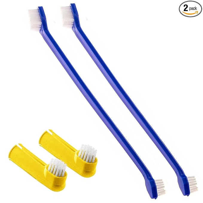 Dog & Ferret Toothbrush Set of 4, 2 Long Dual-Headed and 2 Finger Brush, Blue and Yellow, Puppy, Cat, and Small Breed Dog, 9-Inches and 2.5-Inches
