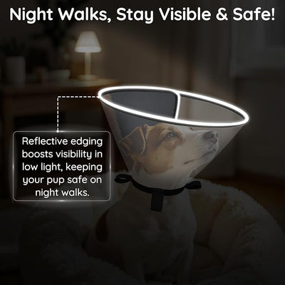 Clear Dog Cone for Medium Dogs After Surgery, Adjustable E-Collar to Stop Licking with Padded Neck for Brittany, Soft Recovery Collar with Reflective Trim for Night Visibility, Black S/M
