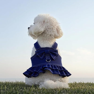 1 Pcs Cute Dog Dress Puppy Clothes with Bownot for Female Girl Small Dogs Outfits Harness for Outdoor Walking Birthday Party Denim Skirt S