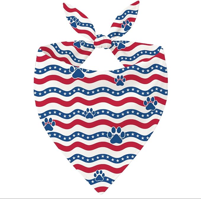 4th of July Dog Bandana, Patriotic Paw Print Pet Triangle Scarf for Independence Day Party Outfit, American Flag Wavy Stripe Neckerchief for Small Medium Dogs, Puppy Gift