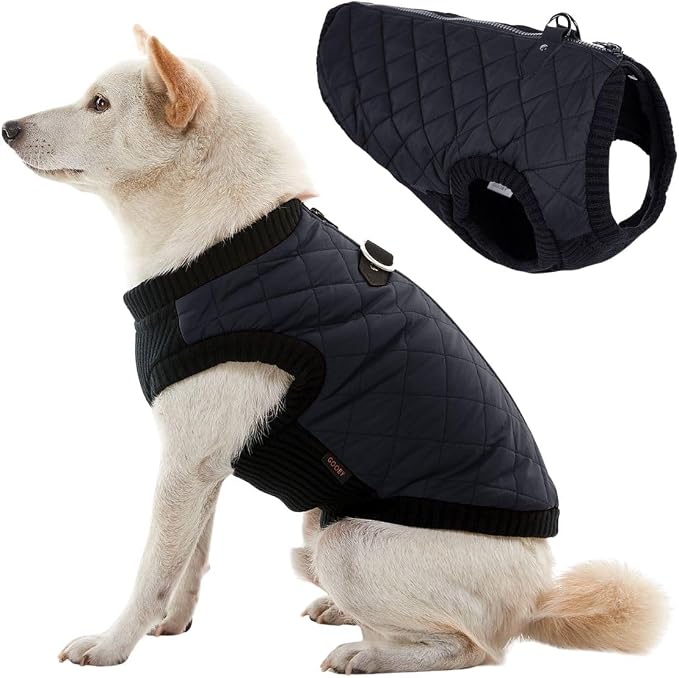 Fashion Vest Dog Jacket - Black, Large - Warm Zip Up Dog Bomber Vest with Dual D Ring Leash Water Resistant for Small to Medium Dogs