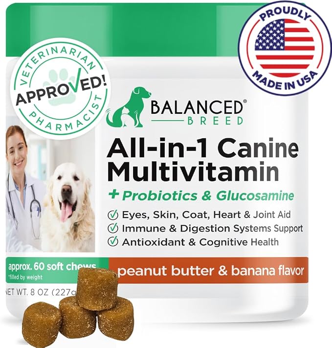 All-in-1 Dog Vitamins Supplements Made in USA Vet-Pharmacist Approved Dog Multivitamin Probiotics Glucosamine Chondroitin Dogs Salmon Oil Skin Coat Immune Senior Dogs Supplement NonGMO