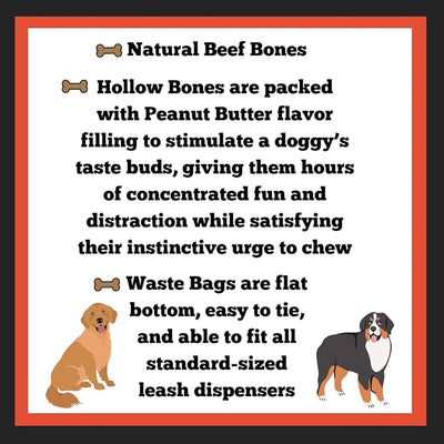 Large Stuffed Femur Bone with 1 Waste Bag Roll, (Peanut Butter)