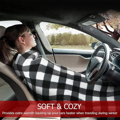 Amazingforless 12V Heated Fleece Car Blanket with Controller for Timer & Heat Levels Electric Car Blanket (Black & White Plaid)