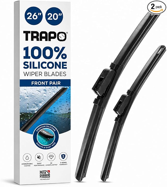 26” and 20" Hydrophobic Front Windshield Wiper Blades - Fits Camry, Model Y, Highlander, Grand Cherokee, Sienna - Durable & Silicone - Strong Water-Repellent Coating - Easy Install - 2 Blades