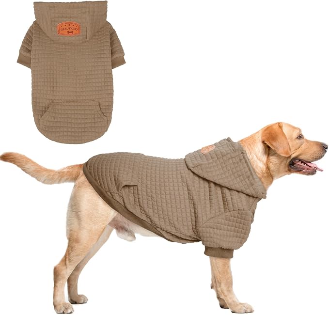 BEAUTYZOO Small Dog Hoodie Sweater with Pockets, Dog Clothes for Small Medium Dogs Boy Girl, Waffle-Like Laminated Cotton Pet Coats with Hat and Leash Hole, Khaki L