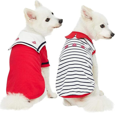 Blueberry Pet Soft & Comfy Summer Vacation Beach Cotton Dog T-Shirts, Cerise Red, 2 Pack, Sailor Suit Shirts Tank Top Clothes, Back Length 16", for Medium Large Dogs
