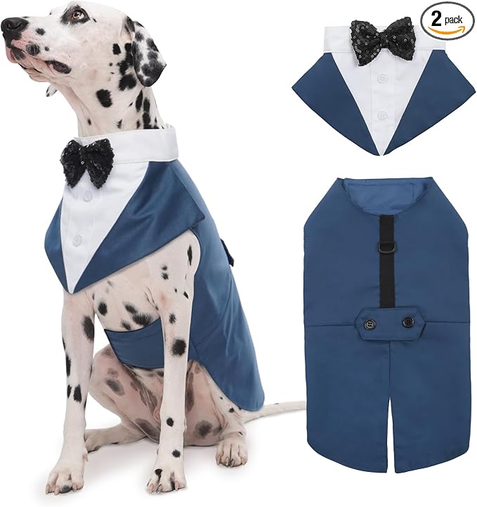 Dog Tuxedo Dog Suit and Bandana Set, Dogs Tuxedo Wedding Party Suit, Doggy Prince Bow Tie Shirt Formal Pet Wedding Attire for Large Medium and Small Dogs Golden Retriever Samo Bulldogs