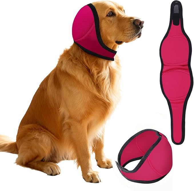 Dog Ears Cover, Dog Ear Muffs Noise Protection, Adjustable No Shake Ear Wrap Comfortable Quiet Dogs Calming Hood Blow Drying Headband Wraps (Fuchsia, Large(Head Circle:18"-24"))