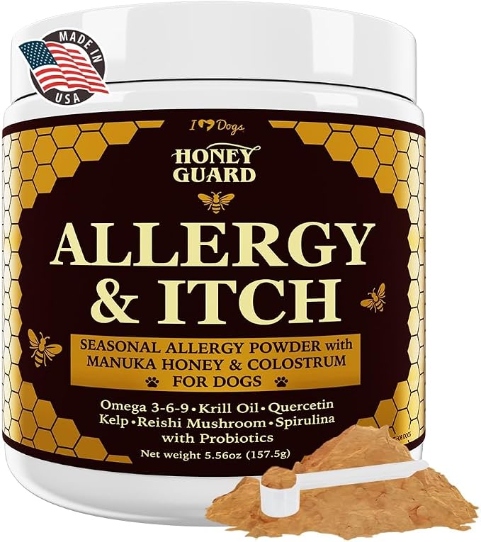 Honey Guard Allergy & Itch Omega-3-6-9 Powder for Dogs Extra Strength with Manuka Honey, Quercetin, Colostrum, Kelp, Krill Oil & Probiotics - 90 Scoops