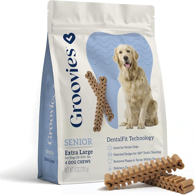 Groovies Senior & Gentle Chewers Dog Dental Treats, Flexible Texture, Patented Technology to Help Control Tartar & Freshen Breath, XLarge Dog Chews (50-100+ lbs), USA Manufactured Oral Care, 4 Count