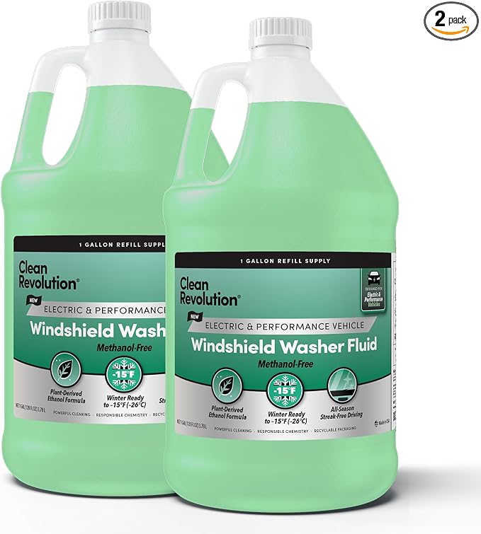 Clean Revolution EV Windshield Washer Fluid, 128oz 2-Pack, 100% Methanol-Free, Winter Ready up to -15°F, Compatible with Electric Vehicles and Performance Cars (2 Pack)