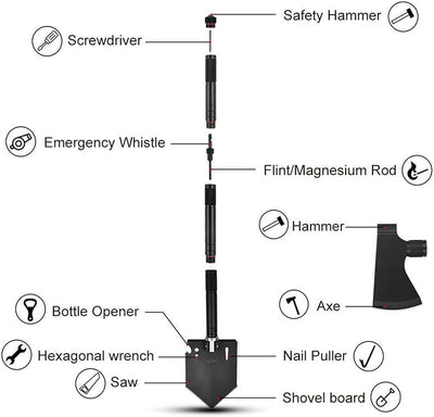 iunio Camping Shovel,Shovel Folding, Portable, Multitool, Foldable Entrenching Tool, Collapsible Spade, for Backpacking, Trenching, Hiking, Survival, Car Emergency