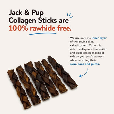 Jack&Pup 6" Braided Beef Collagen Sticks for Dogs | Rawhide Free Dog Chews Long Lasting | Single Ingredient Healthy Dog Treats for Medium Dogs | Bully Stick Alternative (8 Pack)