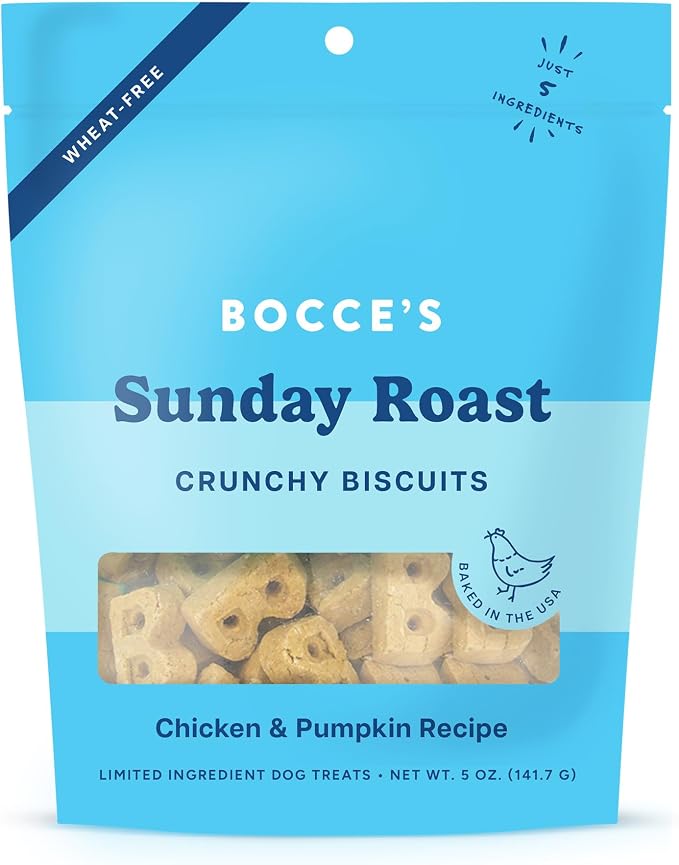 Bocce's Bakery Oven Baked Sunday Roast Treats for Dogs, Everyday Wheat-Free Dog Treats, Made with Real Ingredients, Baked in The USA, All-Natural Chicken & Pumpkin Biscuits, 5 oz
