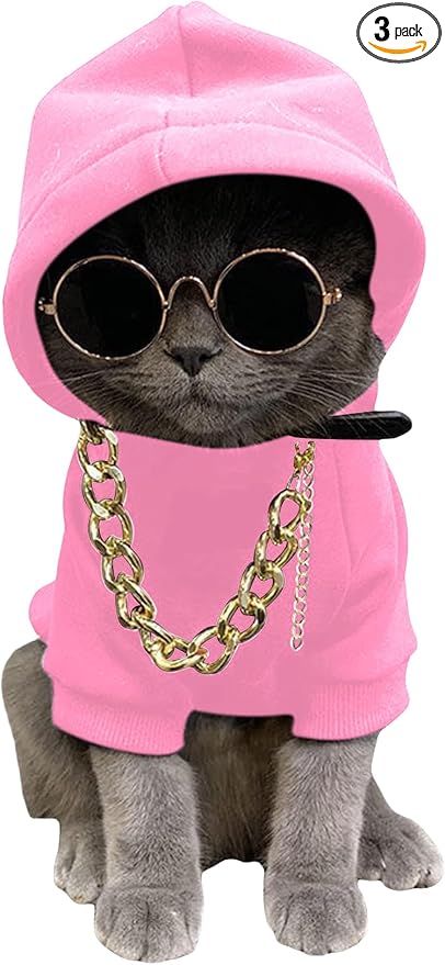3Pcs Dog Hoodie Cat Apparel Dog Custume Set with Necklace and Sunglasses Pet Clothes for Puppy Small Medium Dogs Cats Light Pink Medium