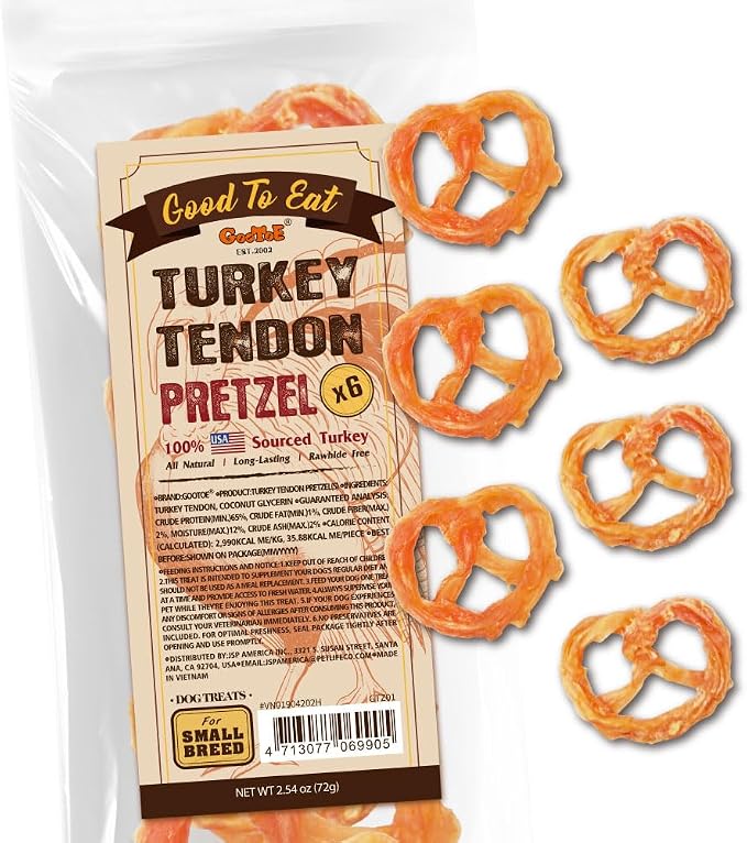 Turkey Tendons for Dogs – All-Natural, Hypoallergenic Dog Treats, Rawhide Alternative, Long Lasting Puppy Chews, Healthy Dog Treats for Small Breeds, Pretzel (S), 6 Count Pack