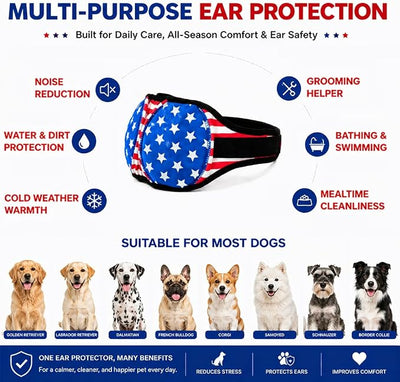 Dog Ear Muffs Noise Protection American Flag Patriotic Pet Covers Waterproof Swim Ear Protector Elastic Soft Snoods for Dogs Anxiety Relief Grooming for 4th of July (L)