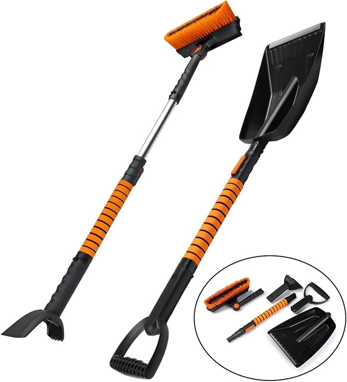 41" Length Snow Brush Ice Scraper with Snow Shovel, Foam Grip, Orange Black, ABS Aluminum, Extendable Handle, 180° Pivoting Head w/Wiper Blade, for Car Truck SUV Winter Christmas Home Use