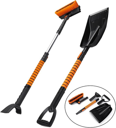 41" Length Snow Brush Ice Scraper with Snow Shovel, Foam Grip, Orange Black, ABS Aluminum, Extendable Handle, 180° Pivoting Head w/Wiper Blade, for Car Truck SUV Winter Christmas Home Use