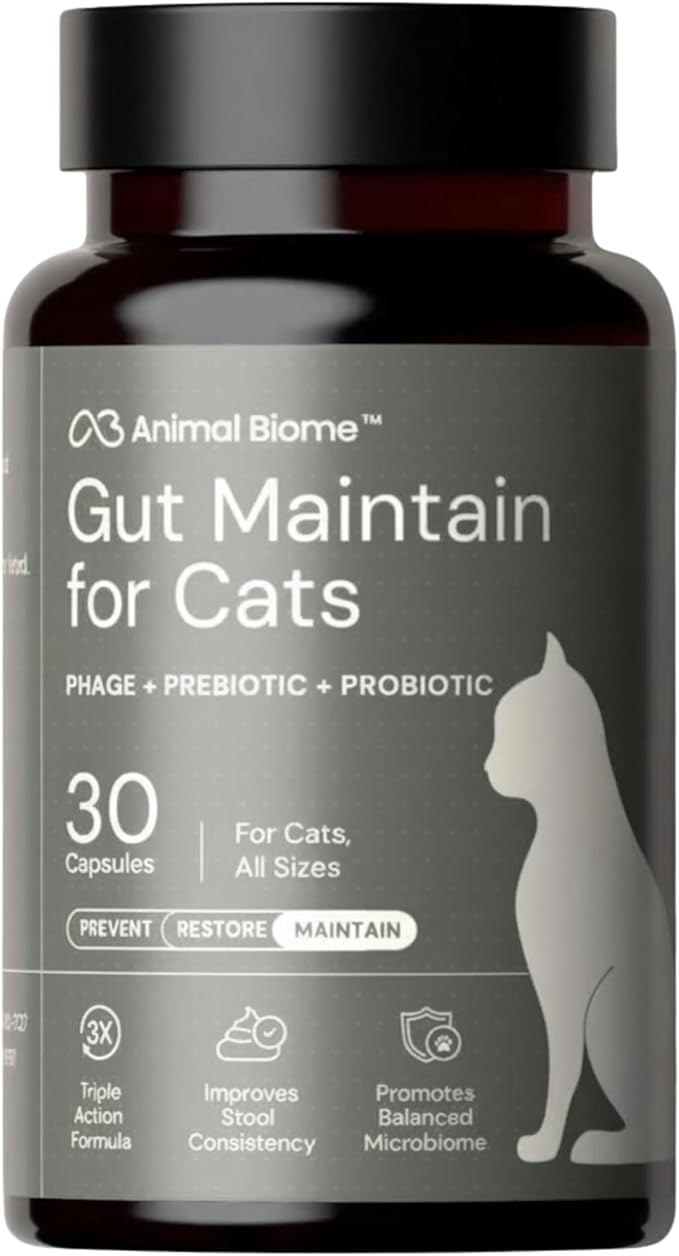 AnimalBiome NEW Probiotics for Cats with S Boulardii (30 Capsules) KittyBiome - Gut Maintain Triple-Action Phage, Prebiotics & Probiotic Cat Supplements for Digestive Health, Open for Easy Food Topper