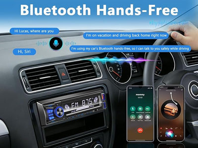 Car Radio Bluetooth Single DIN Car Stereo with Bluetooth,Car Audio with Push to Talk Button for Handsfree Calling,FM/ MP3/EQ/SD/AUX,Dual USB,iOS & Android App Control,7 LED Colors | No CD Player