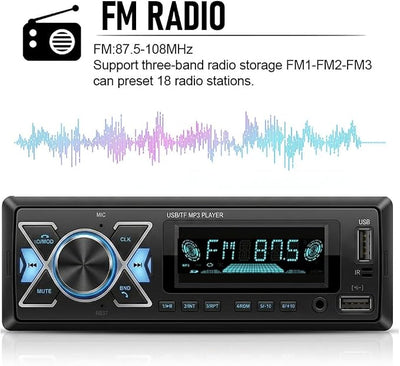 Single DIN Car Radio Headunit Bluetooth Stereo Audio for Handsfree Calling,Phone Charging, FM/ MP3/TF Card/AUX/Time,Dual USB,7 LED Colors