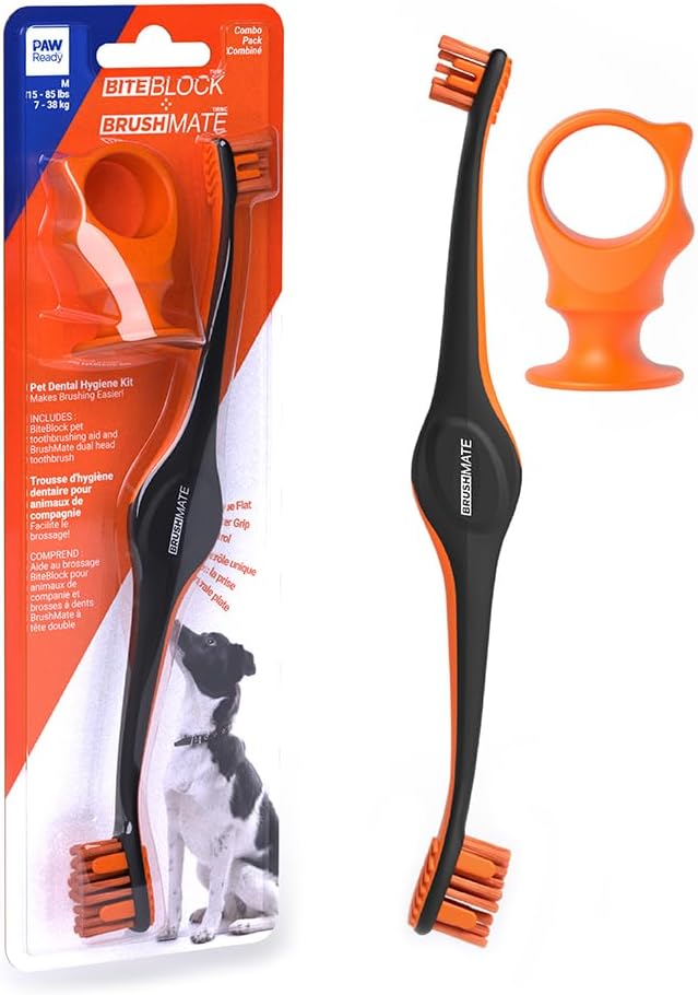 Brushmate Dog Toothbrush and Bite Block Assistant (Protects Hand and Fingers) Combo Pack by Paw Ready for Puppies' Dogs and Cats Medium Size for use with Pets Between 15-85 lbs. (7-38.5 Kg).