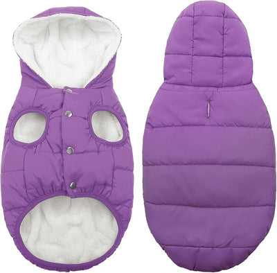 SAWMONG Waterproof Dog Winter Coat, Warm Fleece Lined Dog Jacket with Hood, Windproof Puppy Coat, Pet Apparel Vest Outdoor&Indoor Winter Activities(Purple,S)