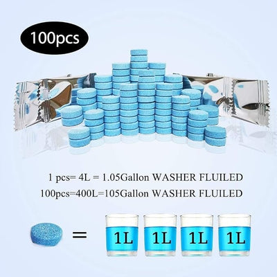 DOKIKO 100 Pcs Atuo Windshield Washer Tablets,Windshield Wiper Fluid,1 Pack Makes 105 Gallons,1 Piece Makes 1.05 Gallons(Winter: Use With De-icer or Methanol)