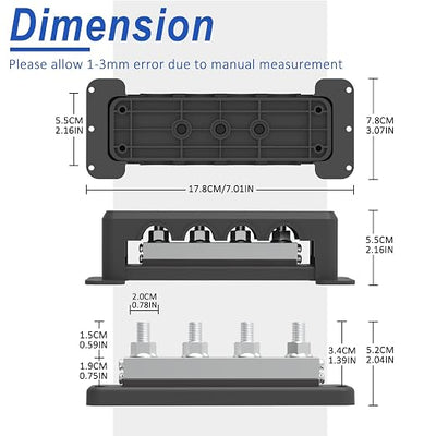 600A Bus Bar 12V Power Distribution Block with 3/8" (M10) 4-Posts Heavy Duty Terminals Block with Cover for Automotive, Marine, Battery System (Black)