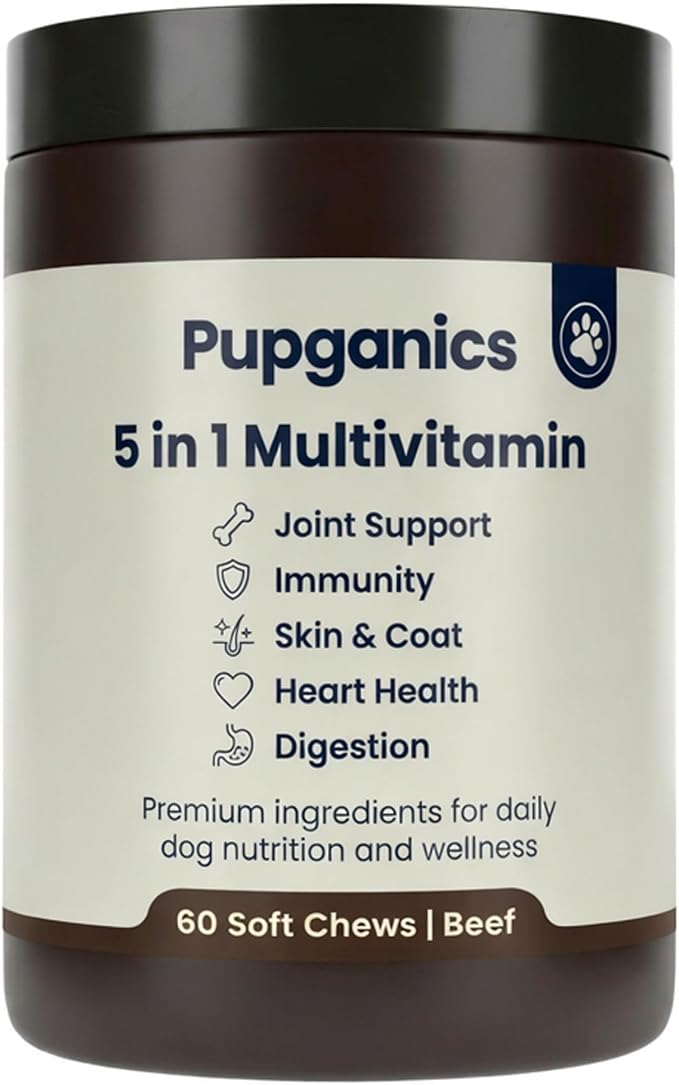 Pupganics Multivitamin Daily Soft Chews for Dogs, 5 in 1 multivitamin for Hip & Joint, Heart Health, Skin & Coat, Digestion & Immune Support, with Probiotics, Glucosamine, Vitamin A/D3/E (Beef)