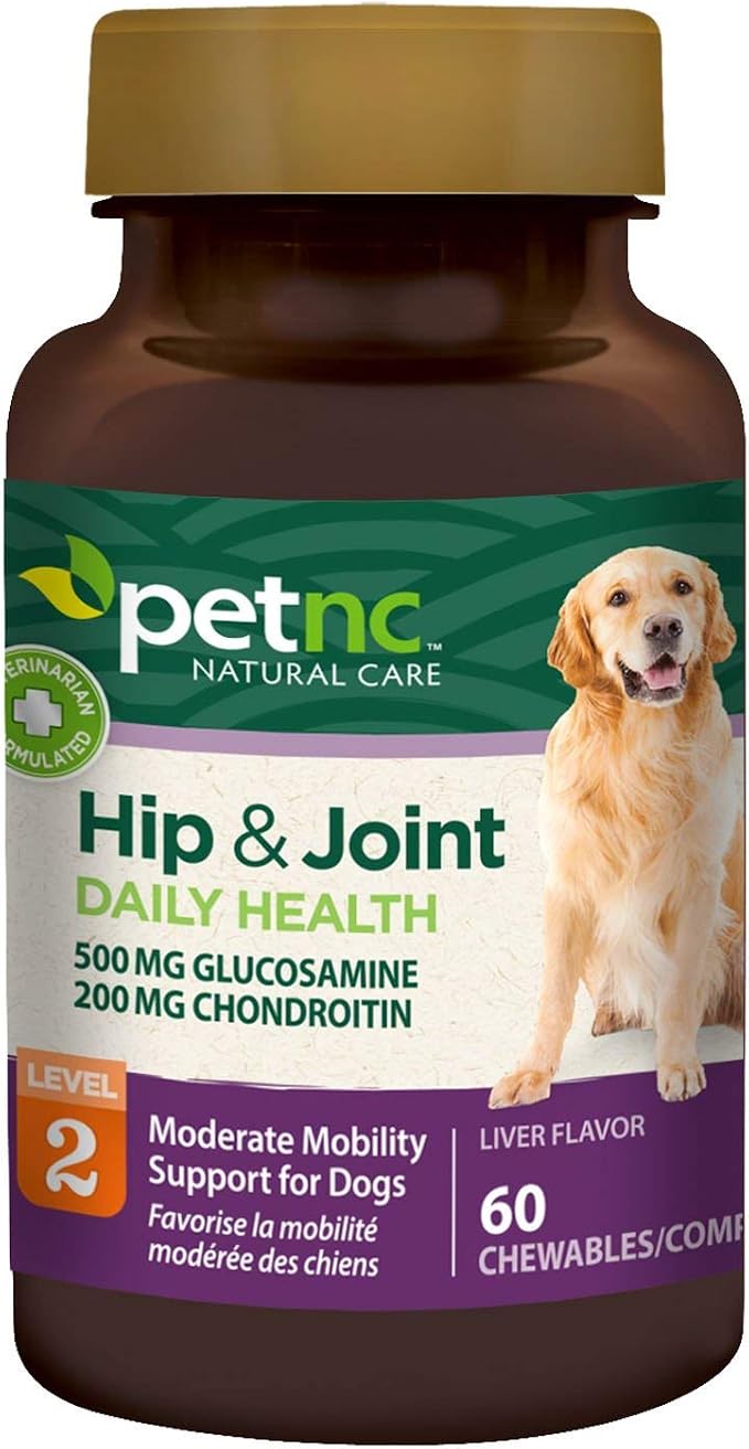 Petnc Level-2 Hip & Joint Health Supplement for Adult Dogs (60 Count), 500mg Glucosamine, 200mg Chondroitin, 50mg MSM, & 6mg Hyaluronic Acid, Includes Vitamin C & Manganese, Liver Flavor