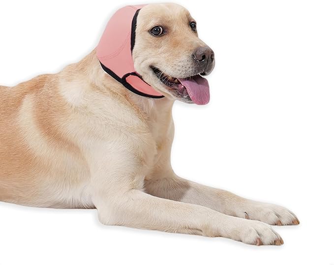 Dog Ear Cover for Hematoma,Bathing,Grooming,Drying,Fashion No Shake Ear Wraps for Dogs Ear Muffs Noise Protection Anxiety Relief,Waterproof Dog Calming Hoodie Shower Cap(Pink,M)