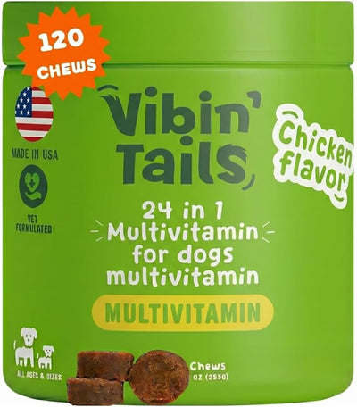 Vibin’ Tails 24-in-1 Dog Multivitamin, Glucosamine Chondroitin Hip & Joint Support, Probiotics & Omega-3, Skin & Coat - Puppy & Senior Chewable Dog Vitamins & Supplements Vet Formulated- 120ct Chicken