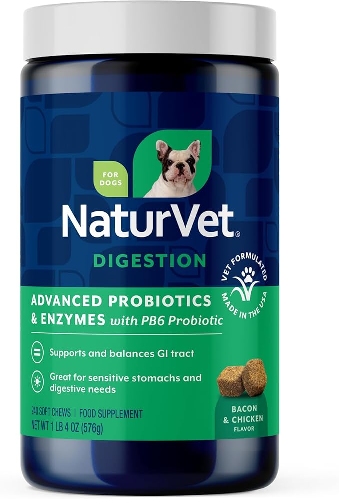 Advanced Probiotics & Enzymes, PB6 Dog Soft Chews to Help Sensitive Stomachs and Digestive Issues, Hickory Smoked Bacon Flavored Pet Supplement for Dogs Over 6 Weeks, 240 Count Jar