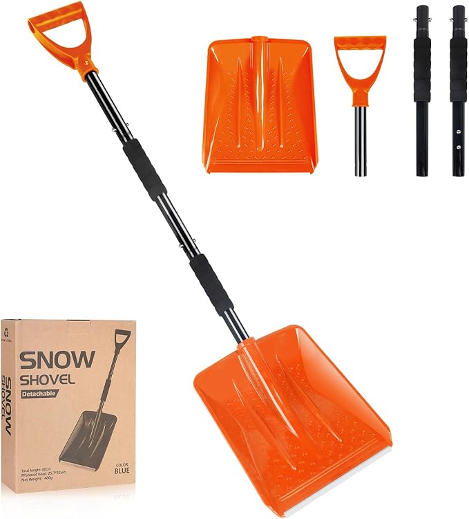 Snow Shovel，2026 Upgraded Lightweight Steel Handle Snow Removal Tool, Three-Paragraph Structure，Kids Snow Shovel, Suitable for Emergencies, Car Driveways, Gardens, Camping (Orange 3