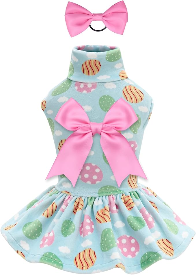 CuteBone Turtleneck Dog Velvet Dress Easter Eggs Puppy Skirt Costume Pet Clothes Cat Apparel with Bow Hair Rope for Small Dogs CVD21L