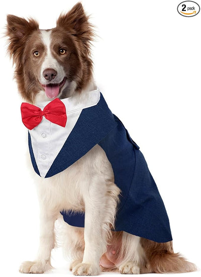 Kuoser Dog Tuxedo Dog Suit and Bandana Set, Dogs Tuxedo Wedding Party Suit, Doggy Prince Bow Tie Shirt Formal Pet Wedding Attire for Large Medium and Small Dogs Golden Retriever Samo Bulldogs