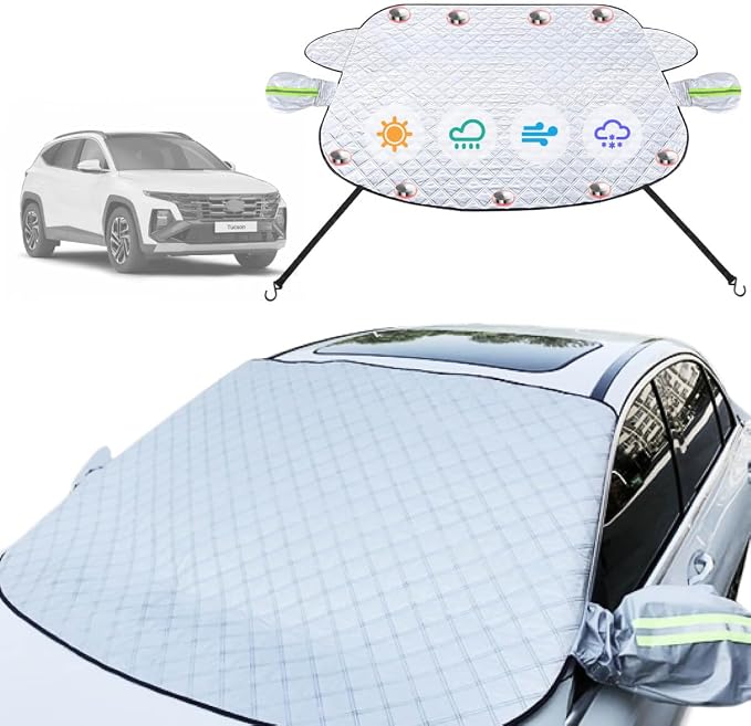 Car Windshield Cover Compatible with Hyundai Tucson 2025-2019 SE/SEL/Limited/Hybrid - Upgraded Custom Fit Magnetic 4-Layer Windproof Sunshade with Ice, UV, Frost Protection & Wiper & Mirror