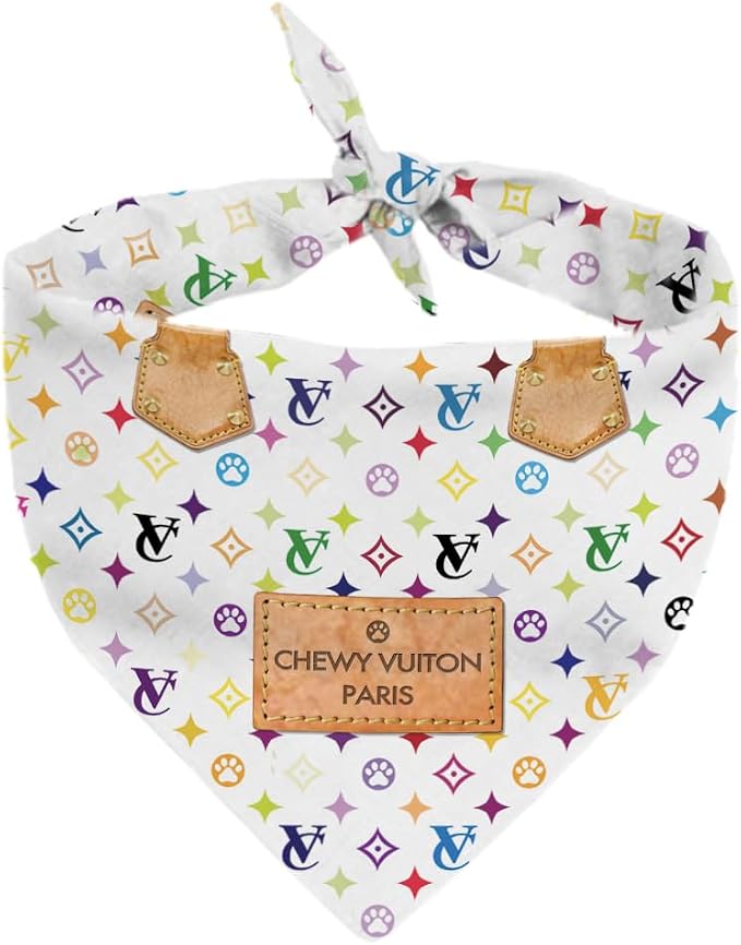 Chewy Vuiton Dog Bandana White Designer Fashion Clothes Scarf Kerchief for Small Medium and Large Dogs, Funny Parody Gift for Girl or Boy Dog, Soft Durable Fabric, Adjustable Tie-on Style Triangle