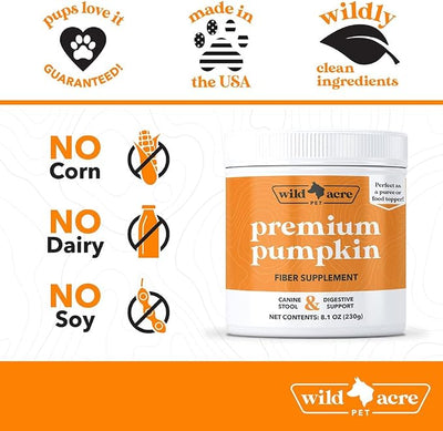 Wild Acre Pumpkin Powder for Dogs - No More Diarrhea or Scoots! - Digestive Puree Treat or Food Topper - Fiber Supplement for Dogs and Cats with Prebiotics, 8.1oz