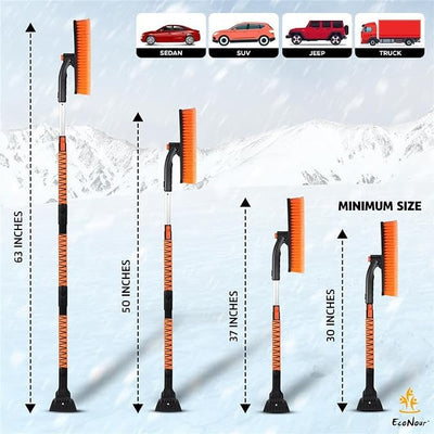 EcoNour 63" Extendable Snow Brush & Ice Scraper with 360° Pivoting Head | Telescopic Aluminum Handle | Extra Long Snow Brush for Car Windshield, Roof & SUVs | Heavy Duty Ice Scraper for Trucks
