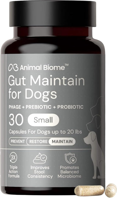 Animal Biome Probiotics for Dogs with S Boulardii, Gut Maintain (30 Capsules) – Triple-Action Small Dog Probiotics, Prebiotics & Phage Supplements for Gut Health, Firmer Stool & Diarrhea Support