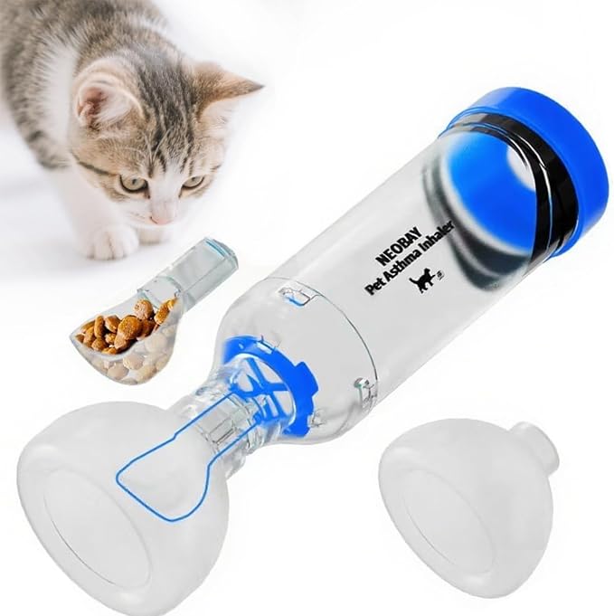 Cat Inhaler Spacer with Unique Panic Soother Training Aid & Sensitive Flow Breathe Indicator – Feline Aerosol Chamber for Cats with a Respiratory Condition – Includes 2 Masks (Small/Med) Blue